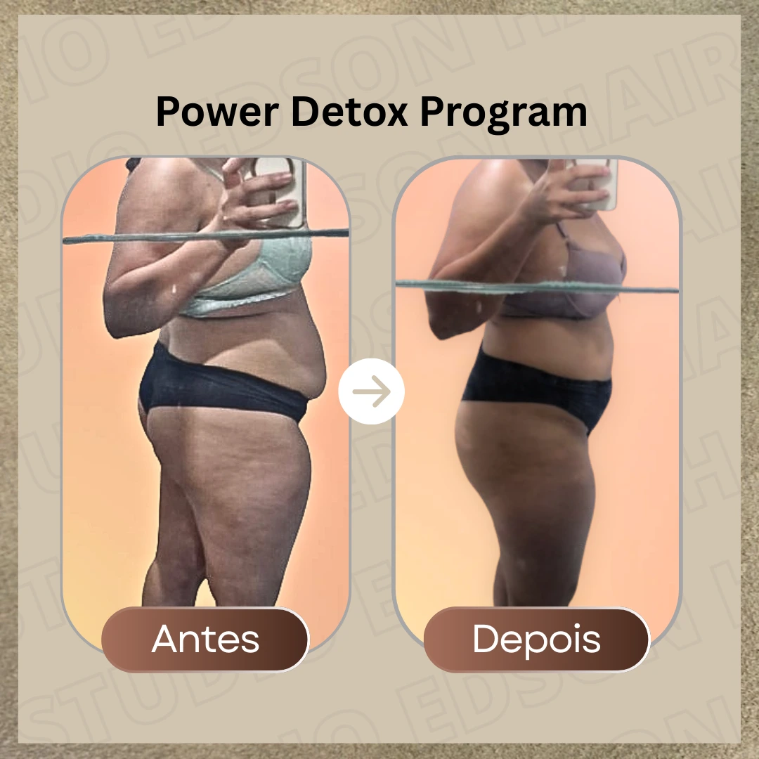 Montagem comparativa de antes e depois do tratamento Power Detox Program, mostrando visível redução de medidas abdominais e melhora no contorno da silhueta de perfil.